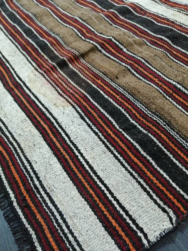6.7 x 12 Vintage Oriental Flat woven Rug, Turkish Flatweave Carpet ,Stripe Oushak Flatweaving,Handmade Rug,Farmhouse Rug, Black rug Dark rug