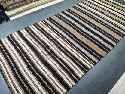 6 x 14 Neutral Oriental Flat woven Rug, No Dye Flatweave Carpet , Stripped Flatweaving, Rustic Rug, Farmhouse Rug, Dark Oushak 6x14 rug