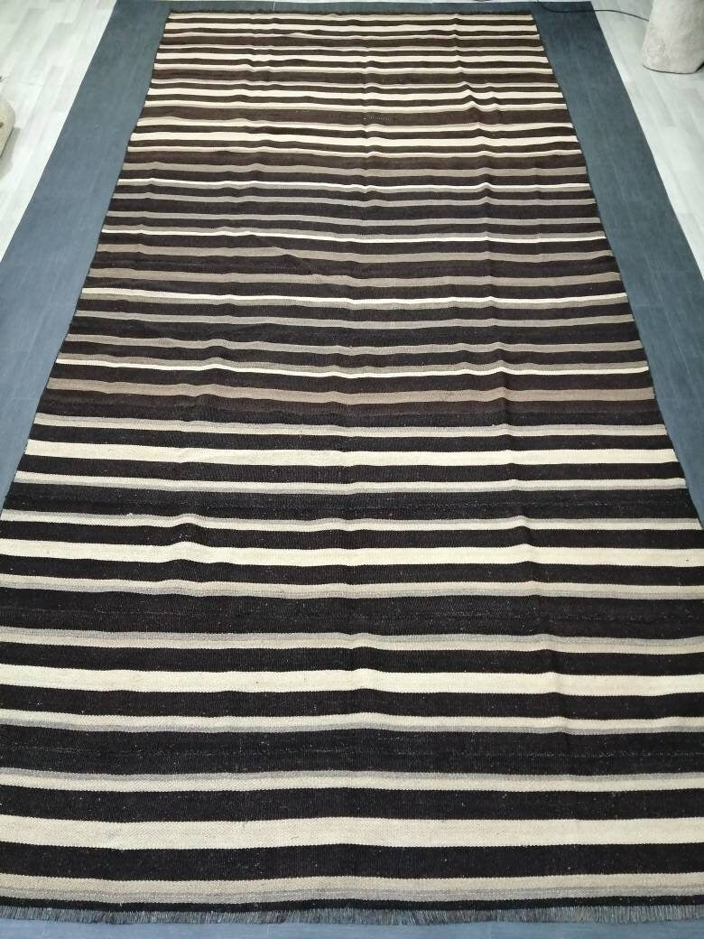 7 x 15.3 Neutral Oriental Flat woven Rug, No Dye Flatweave Carpet , Stripped Flatweaving, Rustic Rug, Farmhouse Rug, Dark Oushak 7x15 rug