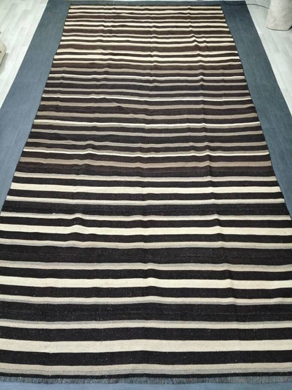 7 x 15.3 Neutral Oriental Flat woven Rug, No Dye Flatweave Carpet , Stripped Flatweaving, Rustic Rug, Farmhouse Rug, Dark Oushak 7x15 rug