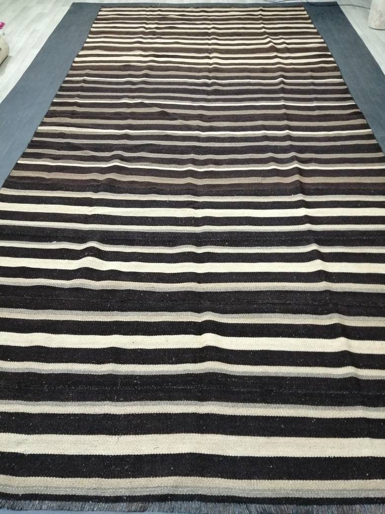 7 x 15.3 Neutral Oriental Flat woven Rug, No Dye Flatweave Carpet , Stripped Flatweaving, Rustic Rug, Farmhouse Rug, Dark Oushak 7x15 rug