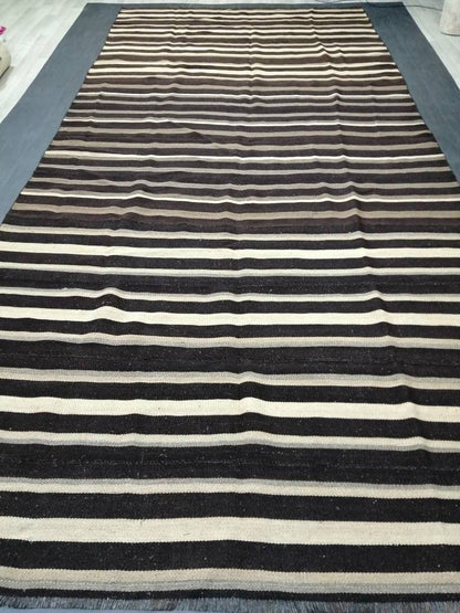 7 x 15.3 Neutral Oriental Flat woven Rug, No Dye Flatweave Carpet , Stripped Flatweaving, Rustic Rug, Farmhouse Rug, Dark Oushak 7x15 rug