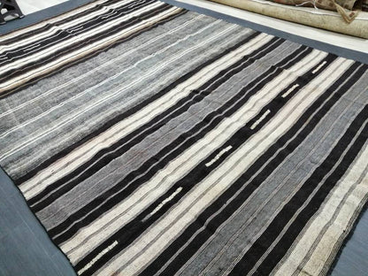 8 x 12.2 Neutral Turkish Flat woven Rug, No Dye Flatweave Carpet , Stripped Flatweaving, Rustic Rug, Farmhouse Rug, Dark Oushak 8x12 rug