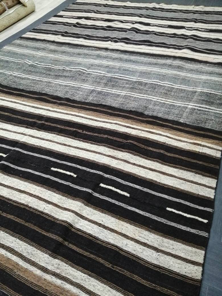 8 x 12.2 Neutral Turkish Flat woven Rug, No Dye Flatweave Carpet , Stripped Flatweaving, Rustic Rug, Farmhouse Rug, Dark Oushak 8x12 rug