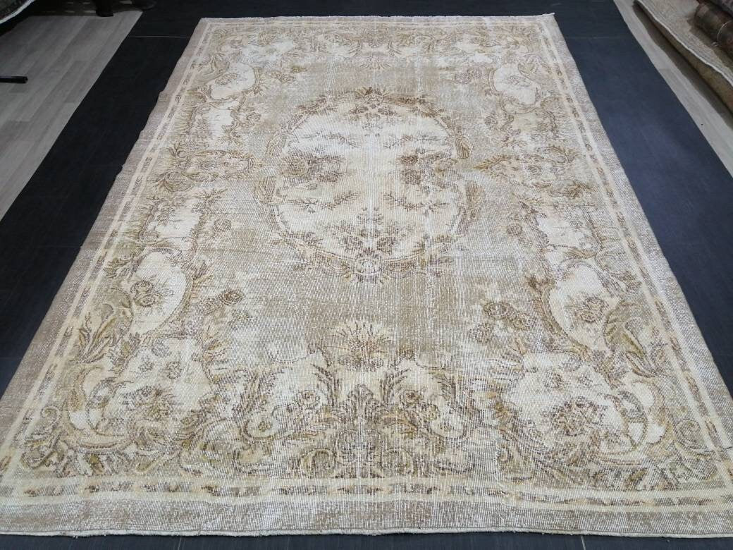 Muted Vintage RUG 6.8 x 9.8 TURKISH Rug Distressed Vintage  Rug Wool Oushak Rug Large Hand Made Rugs Vintage Turkish Rug 7x10