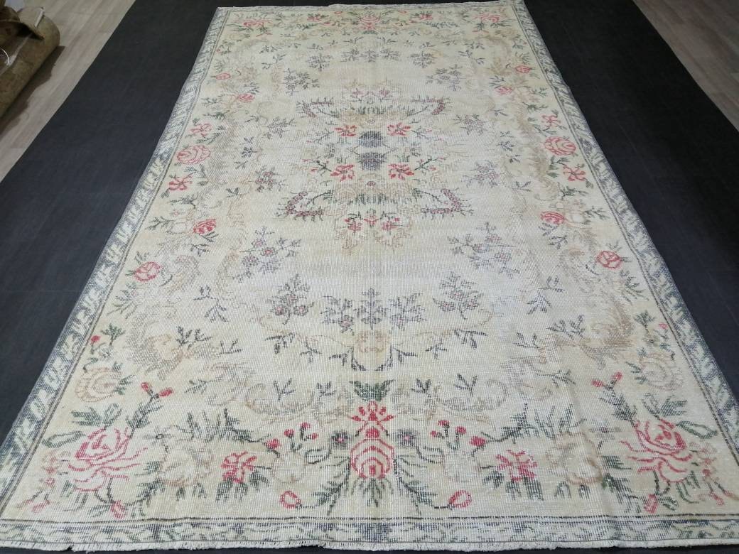 Persian RUG Floral Vintage Muted Oushak Rug 5.7 x 9.9 Large Vintage Rug Wool Oushak Rug Hand Made Rugs Vintage Turkish Rug 5.7x9.9 Oriental
