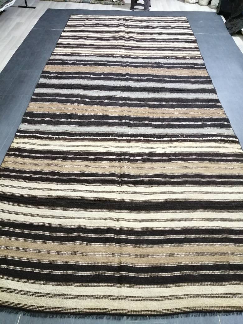 6 x 14 Neutral Oriental Flat woven Rug, No Dye Flatweave Carpet , Stripped Flatweaving, Rustic Rug, Farmhouse Rug, Dark Oushak 6x14 rug