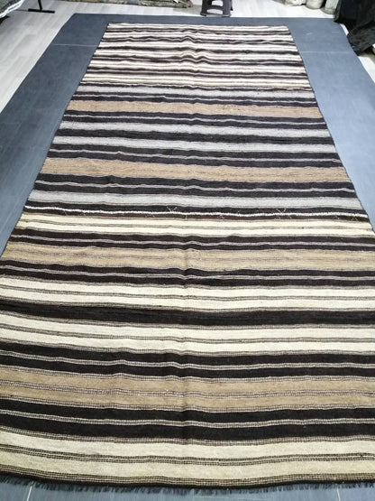 6 x 14 Neutral Oriental Flat woven Rug, No Dye Flatweave Carpet , Stripped Flatweaving, Rustic Rug, Farmhouse Rug, Dark Oushak 6x14 rug