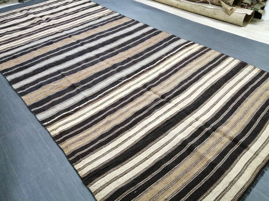 6 x 14 Neutral Oriental Flat woven Rug, No Dye Flatweave Carpet , Stripped Flatweaving, Rustic Rug, Farmhouse Rug, Dark Oushak 6x14 rug