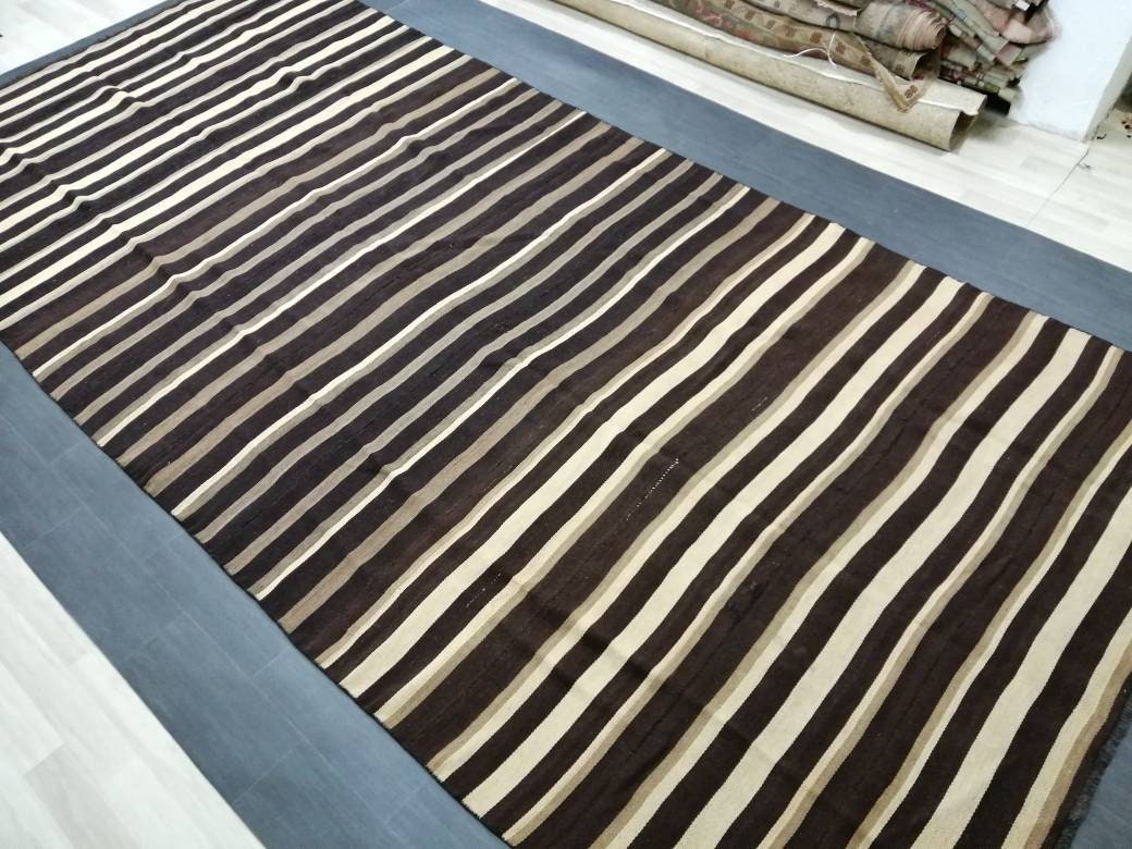 7 x 15.3 Neutral Oriental Flat woven Rug, No Dye Flatweave Carpet , Stripped Flatweaving, Rustic Rug, Farmhouse Rug, Dark Oushak 7x15 rug