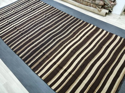 7 x 15.3 Neutral Oriental Flat woven Rug, No Dye Flatweave Carpet , Stripped Flatweaving, Rustic Rug, Farmhouse Rug, Dark Oushak 7x15 rug