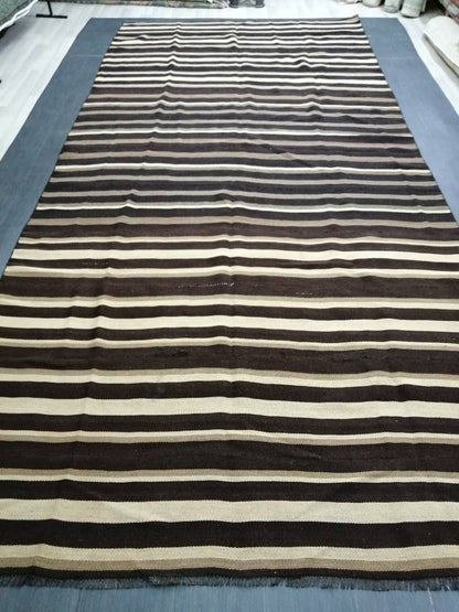 7 x 15.3 Neutral Oriental Flat woven Rug, No Dye Flatweave Carpet , Stripped Flatweaving, Rustic Rug, Farmhouse Rug, Dark Oushak 7x15 rug