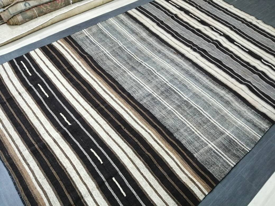 8 x 12.2 Neutral Turkish Flat woven Rug, No Dye Flatweave Carpet , Stripped Flatweaving, Rustic Rug, Farmhouse Rug, Dark Oushak 8x12 rug