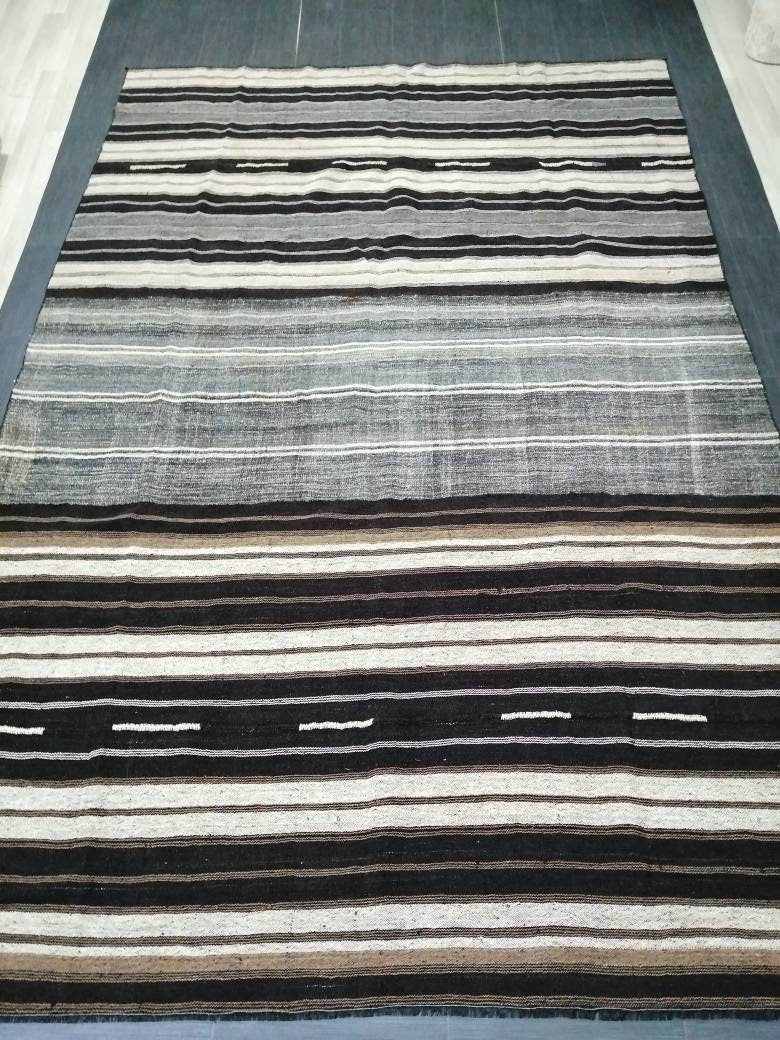 8 x 12.2 Neutral Turkish Flat woven Rug, No Dye Flatweave Carpet , Stripped Flatweaving, Rustic Rug, Farmhouse Rug, Dark Oushak 8x12 rug