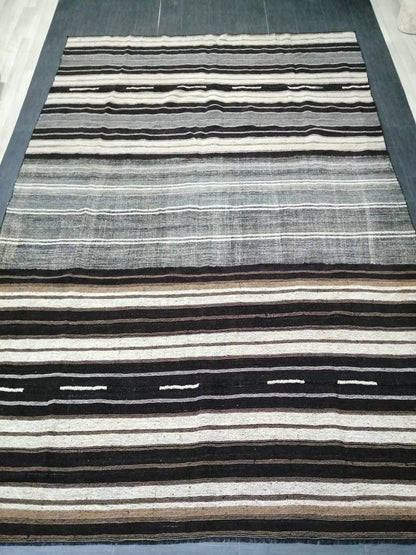 8 x 12.2 Neutral Turkish Flat woven Rug, No Dye Flatweave Carpet , Stripped Flatweaving, Rustic Rug, Farmhouse Rug, Dark Oushak 8x12 rug