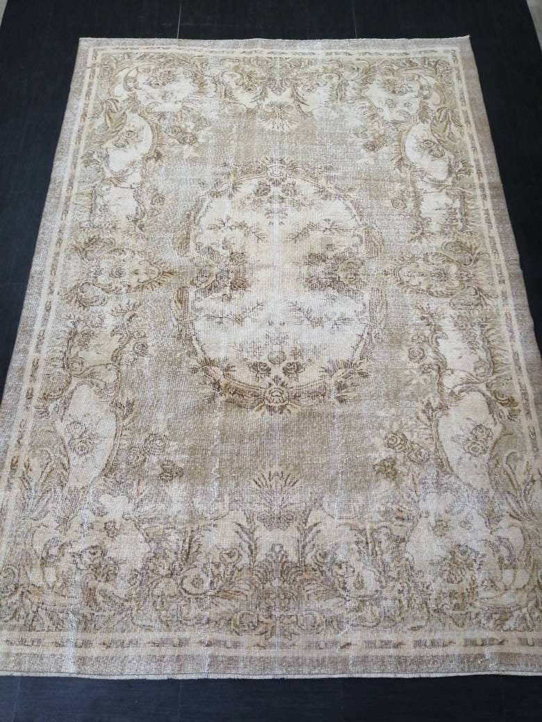 Muted Vintage RUG 6.8 x 9.8 TURKISH Rug Distressed Vintage  Rug Wool Oushak Rug Large Hand Made Rugs Vintage Turkish Rug 7x10