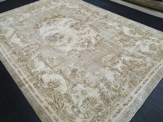 Muted Vintage RUG 6.8 x 9.8 TURKISH Rug Distressed Vintage  Rug Wool Oushak Rug Large Hand Made Rugs Vintage Turkish Rug 7x10