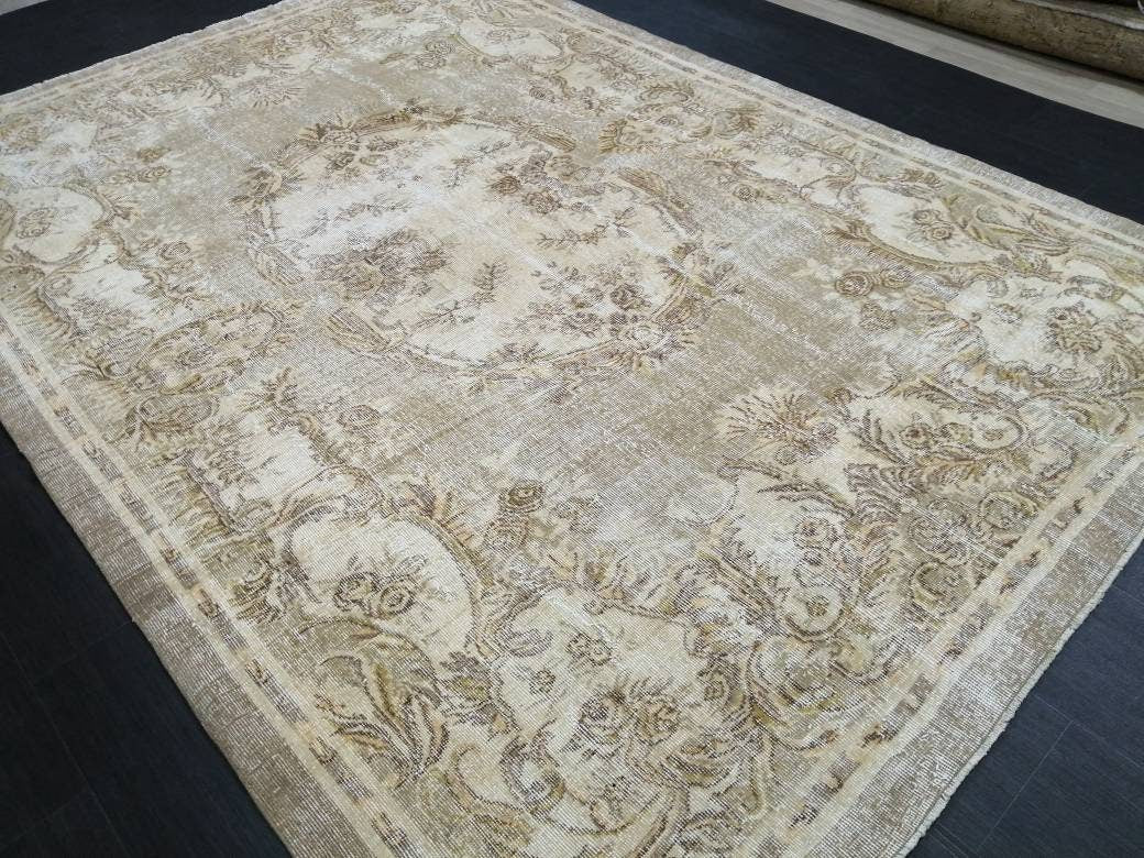 Muted Vintage RUG 6.8 x 9.8 TURKISH Rug Distressed Vintage  Rug Wool Oushak Rug Large Hand Made Rugs Vintage Turkish Rug 7x10