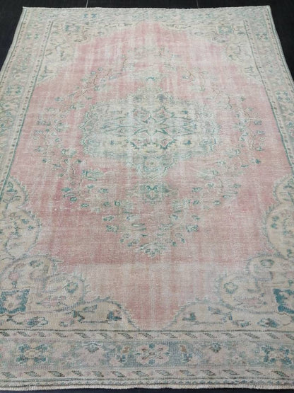 Large Vintage RUG Vintage TURKISH Rug 6.7 x 9 Vintage Distressed  Rug Vintage Oushak Rug Hand Made Rugs Antique Turkish Rug Oriental Rug