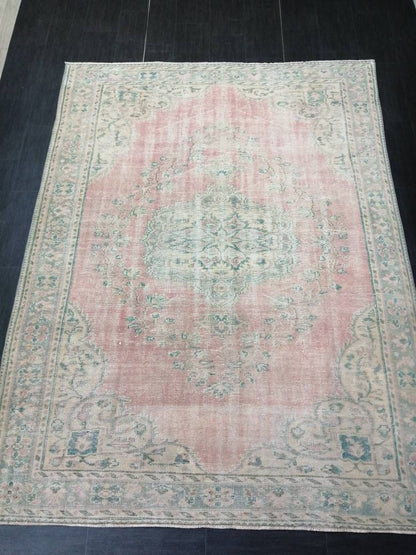 Large Vintage RUG Vintage TURKISH Rug 6.7 x 9 Vintage Distressed  Rug Vintage Oushak Rug Hand Made Rugs Antique Turkish Rug Oriental Rug