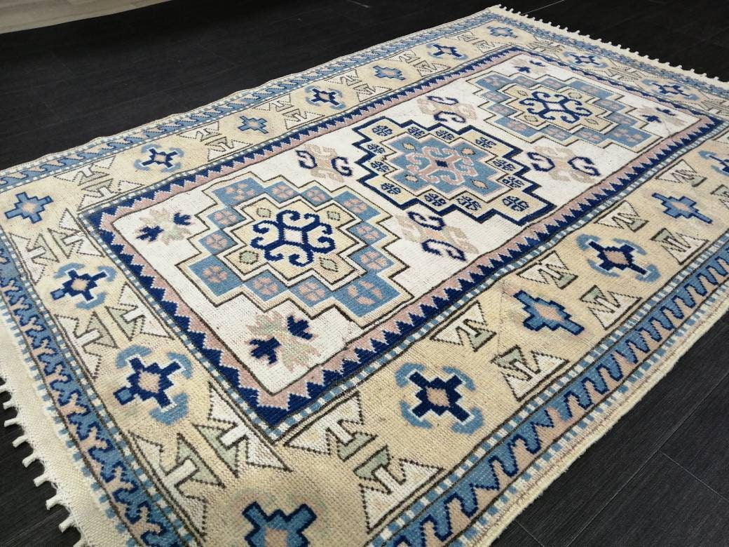 Vintage Blue Rug, 3.9 x 5.7 Hand Made Rug Oriental Rug, Wool Oushak Rugs, Hand Made Rug, Persian Rug, Vintage Turkish Rug, Farmhouse Rug