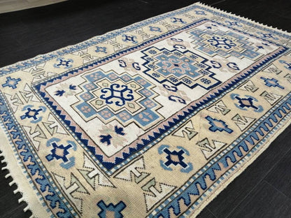 Vintage Blue Rug, 3.9 x 5.7 Hand Made Rug Oriental Rug, Wool Oushak Rugs, Hand Made Rug, Persian Rug, Vintage Turkish Rug, Farmhouse Rug