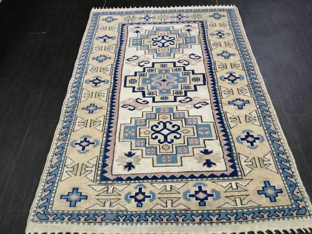 Vintage Blue Rug, 3.9 x 5.7 Hand Made Rug Oriental Rug, Wool Oushak Rugs, Hand Made Rug, Persian Rug, Vintage Turkish Rug, Farmhouse Rug