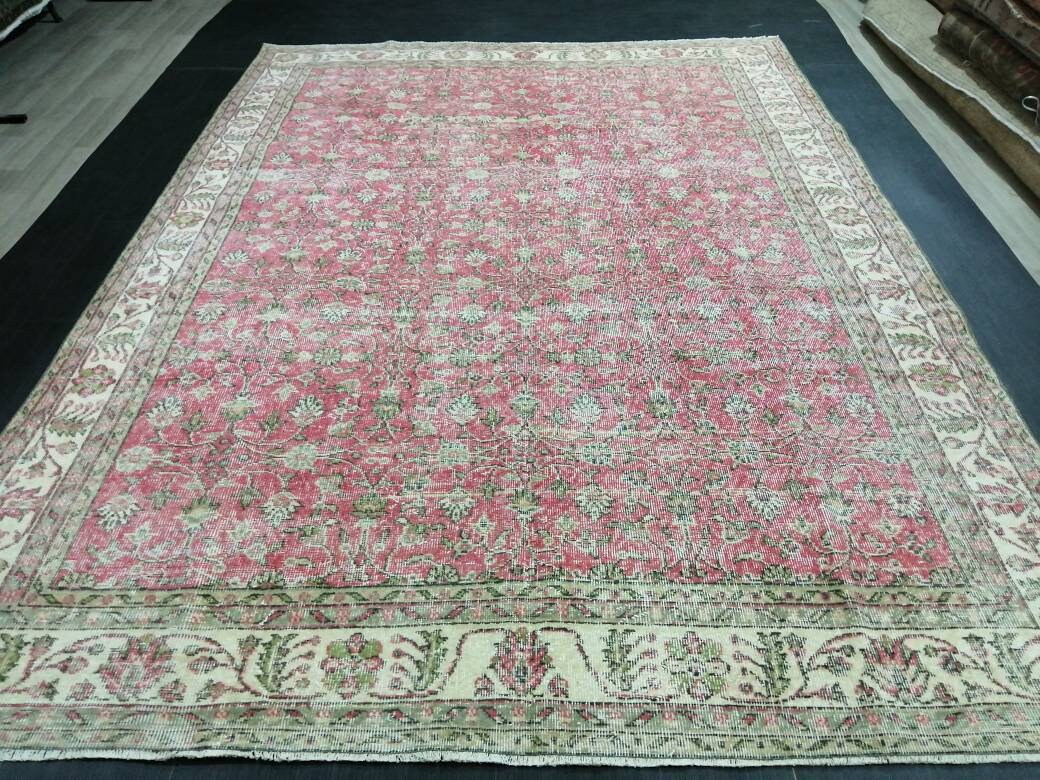 Vintage RUG 7.4 x 10.4 Vintage TURKISH Rug Persian Vintage  Rug Floral Oushak Rug Large Hand Made Rugs Vintage Turkish Pink Rug 7x10