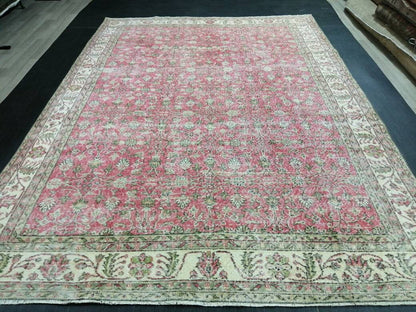 Vintage RUG 7.4 x 10.4 Vintage TURKISH Rug Persian Vintage  Rug Floral Oushak Rug Large Hand Made Rugs Vintage Turkish Pink Rug 7x10
