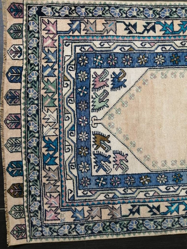 Muted Turkish Vintage Hand Made Rug, 3.7 x 7  Oushak Rug, Rustic Rug, Muted Rug, Vintage Turkish Rug, Farmhouse Rug, Vintage Rug, Wool rug