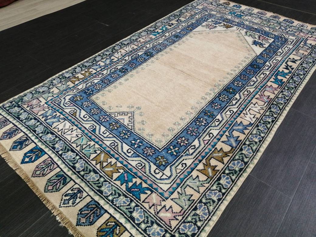 Muted Turkish Vintage Hand Made Rug, 3.7 x 7  Oushak Rug, Rustic Rug, Muted Rug, Vintage Turkish Rug, Farmhouse Rug, Vintage Rug, Wool rug