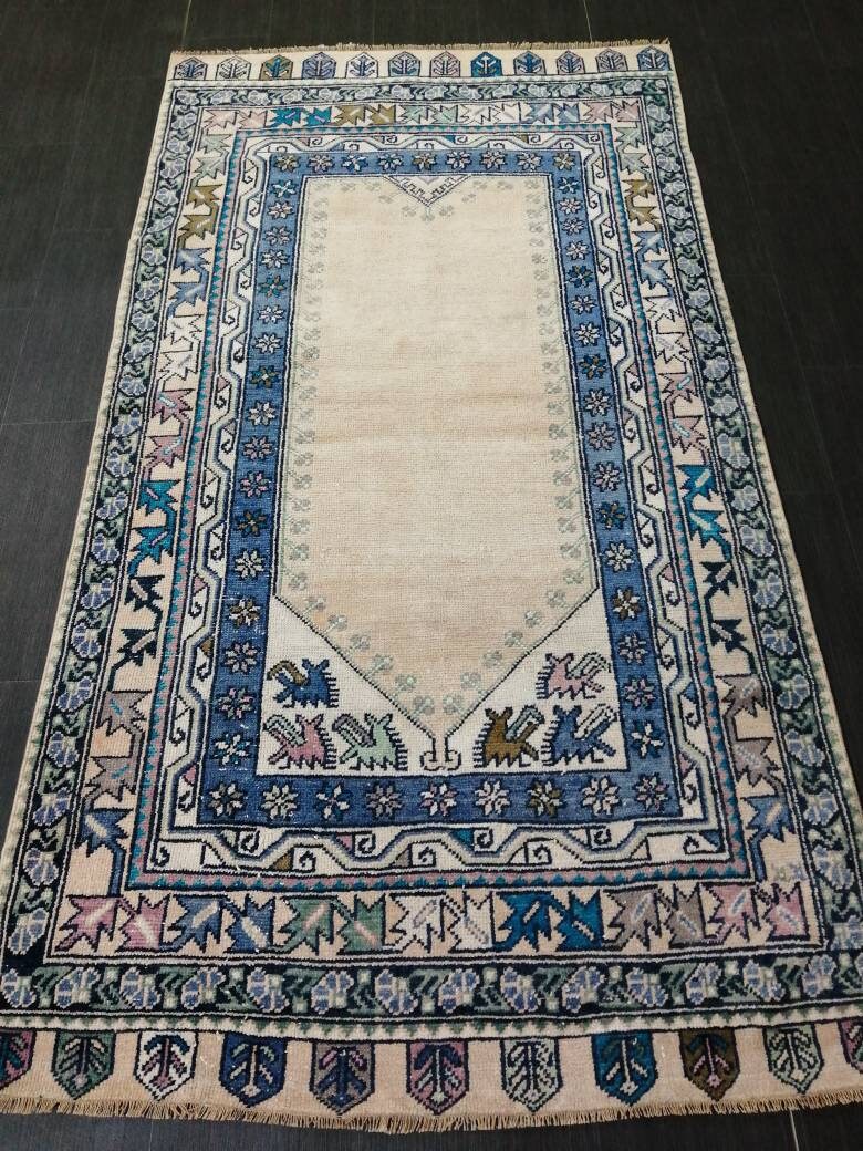Muted Turkish Vintage Hand Made Rug, 3.7 x 7  Oushak Rug, Rustic Rug, Muted Rug, Vintage Turkish Rug, Farmhouse Rug, Vintage Rug, Wool rug