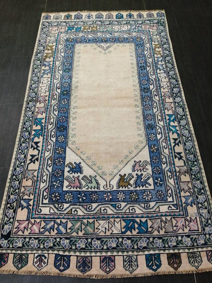 Muted Turkish Vintage Hand Made Rug, 3.7 x 7  Oushak Rug, Rustic Rug, Muted Rug, Vintage Turkish Rug, Farmhouse Rug, Vintage Rug, Wool rug
