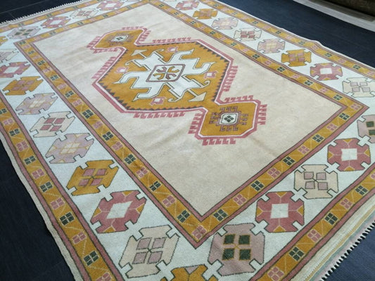 Muted Vintage Turkish Hand Made Rug, 6.5 x 8.8 Oushak Rug, Muted Rug, Vintage Persian Rug, Oriental Rug, Vintage Rug,Soft Wool Rug