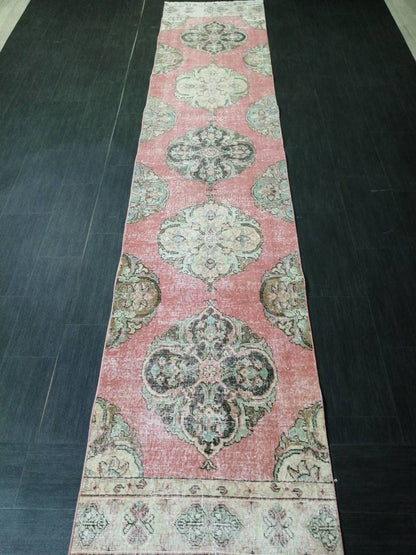 Muted Vintage Runner Rug 2.6 x 12.7 Hallway Runner Rug  Kitchen Runner Rug Wool Runner Rug Oushak Runner Rug Turkish Floral Runner Rug