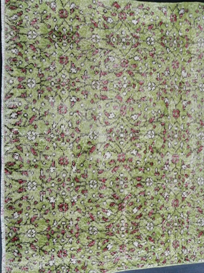 Vintage Green Rug Hand Made Rug, 3.6 x 6.5  Modern Oushak Rug,  Boho Leaves Rug, Fun Turkish Rug, Farmhouse Rug, Vintage Wool rug
