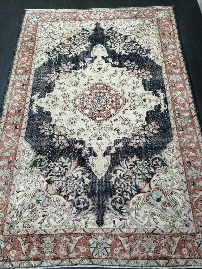 Vintage RUG 7 x 10. 4 TURKISH Oushak Rug Vintage Navy Oriental Rug  Vintage Persian Rug Hand Made Rugs  Turkish Rug