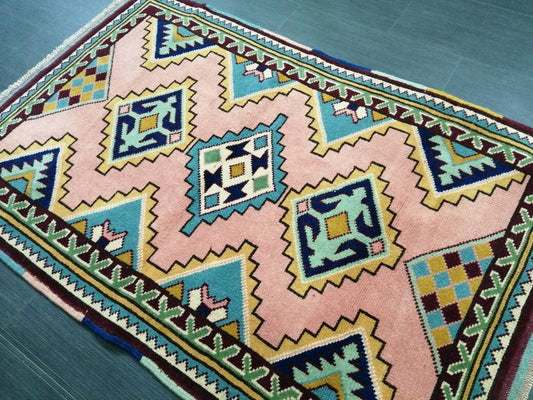 3 x 4.5 PINK AND NAVY Rug Hand Made Rug, High Pile Oushak Rug,  Boho Rug, Oriental Rug Plush Turkish Rug, Farmhouse Rug, Vintage Wool rug