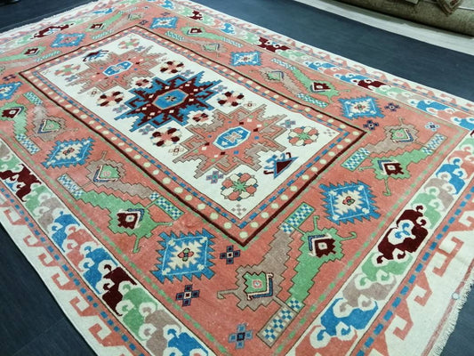 Vintage Runner Rug 6.3 x 10 Blue and Pink Rug Turkish Kitchen Rug Wool Entryway Rug Persian Livingroom Rug Oushak Rug Navy Oriental Rug