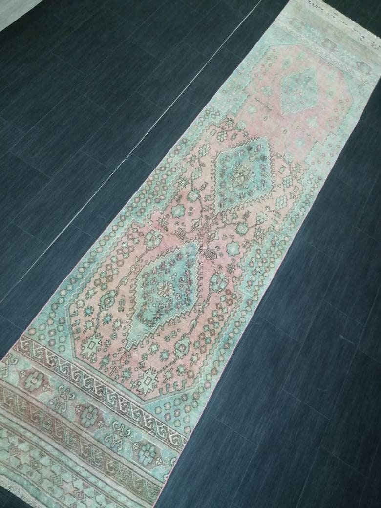 Muted OUSHAK RUG 2.6 x 11 TURKISH Vintage Runner Oriental Runner Rug Faded Vintage Runner Rug Hand Made Kitchen Runner Vintage HallwayRunner
