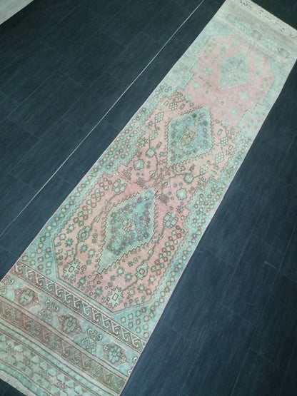 Muted OUSHAK RUG 2.6 x 11 TURKISH Vintage Runner Oriental Runner Rug Faded Vintage Runner Rug Hand Made Kitchen Runner Vintage HallwayRunner
