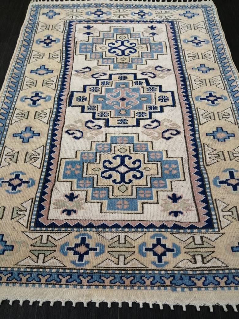 Vintage Blue Rug, 3.9 x 5.7 Hand Made Rug Oriental Rug, Wool Oushak Rugs, Hand Made Rug, Persian Rug, Vintage Turkish Rug, Farmhouse Rug