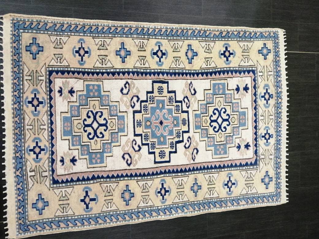 Vintage Blue Rug, 3.9 x 5.7 Hand Made Rug Oriental Rug, Wool Oushak Rugs, Hand Made Rug, Persian Rug, Vintage Turkish Rug, Farmhouse Rug