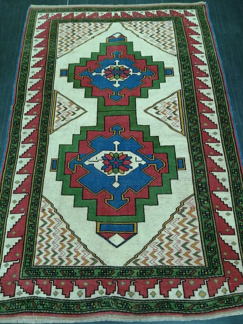 TURKISH Rug, wool Hand Made Rug, 6x9  Rustic Oushak Rug, Boho Rug, Vintage Blue and Green Rugs, Farmhouse Rug, Vintage Rug, Oushak Rug