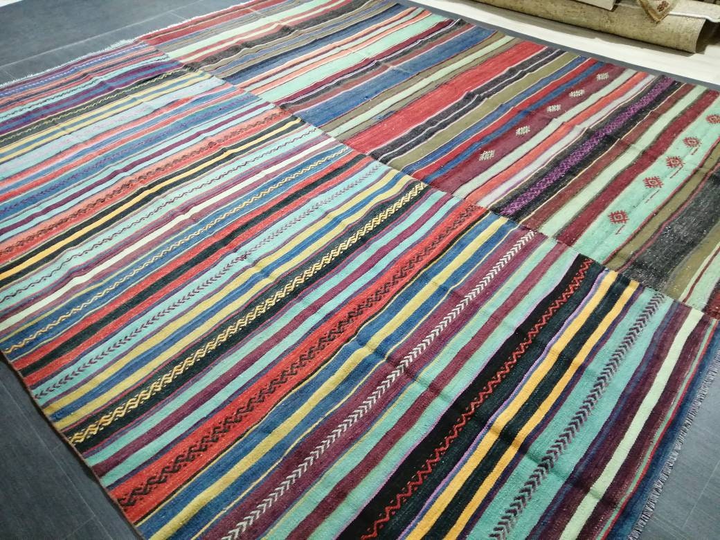 8.4 x 10 Oriental Vintage Flat woven Rug,  Flatweave Carpet , Stripped Flatweaving, Boho Rug, Farmhouse Rug, Turkish Kilim Rug
