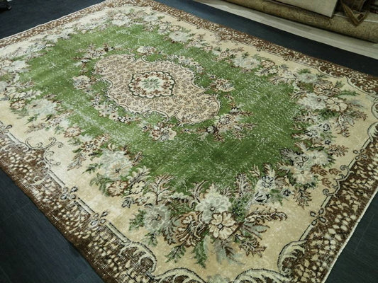 Green Turkish Rug 7x10 Large Area Rug Pastel colors Vintage Rug Hand Made Oushak Rug Muted Rug Earth Tones Rug Wool Pile Rug Rustic Rug