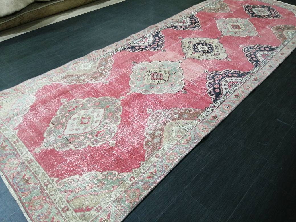 Muted Oriental Runner Rug 4.3 x 12 Turkish Runner Rug Vintage Runner Rug Hallway Runner Rug Kitchen Runner Rug Persian Wool Runner Rug