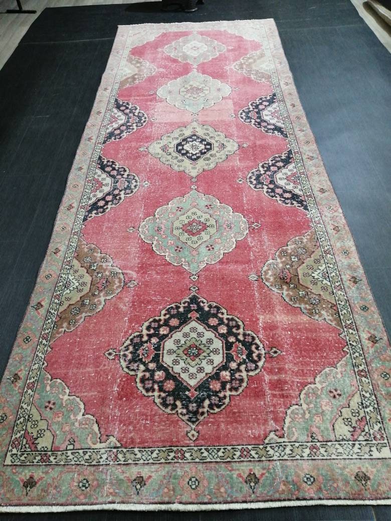 Muted Oriental Runner Rug 4.3 x 12 Turkish Runner Rug Vintage Runner Rug Hallway Runner Rug Kitchen Runner Rug Persian Wool Runner Rug