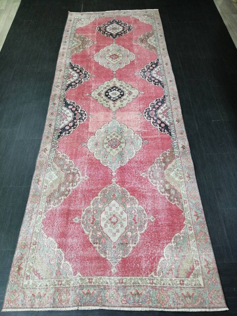 Muted Oriental Runner Rug 4.3 x 12 Turkish Runner Rug Vintage Runner Rug Hallway Runner Rug Kitchen Runner Rug Persian Wool Runner Rug