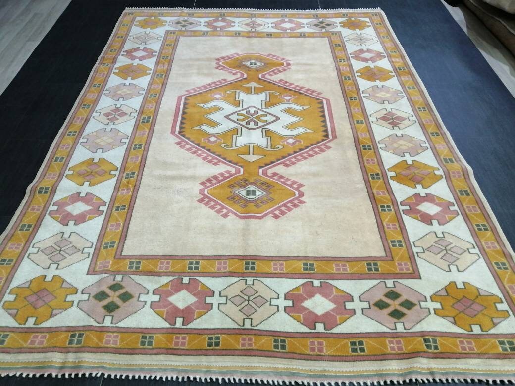 Muted Vintage Turkish Hand Made Rug, 6.5 x 8.8 Oushak Rug, Muted Rug, Vintage Persian Rug, Oriental Rug, Vintage Rug,Soft Wool Rug
